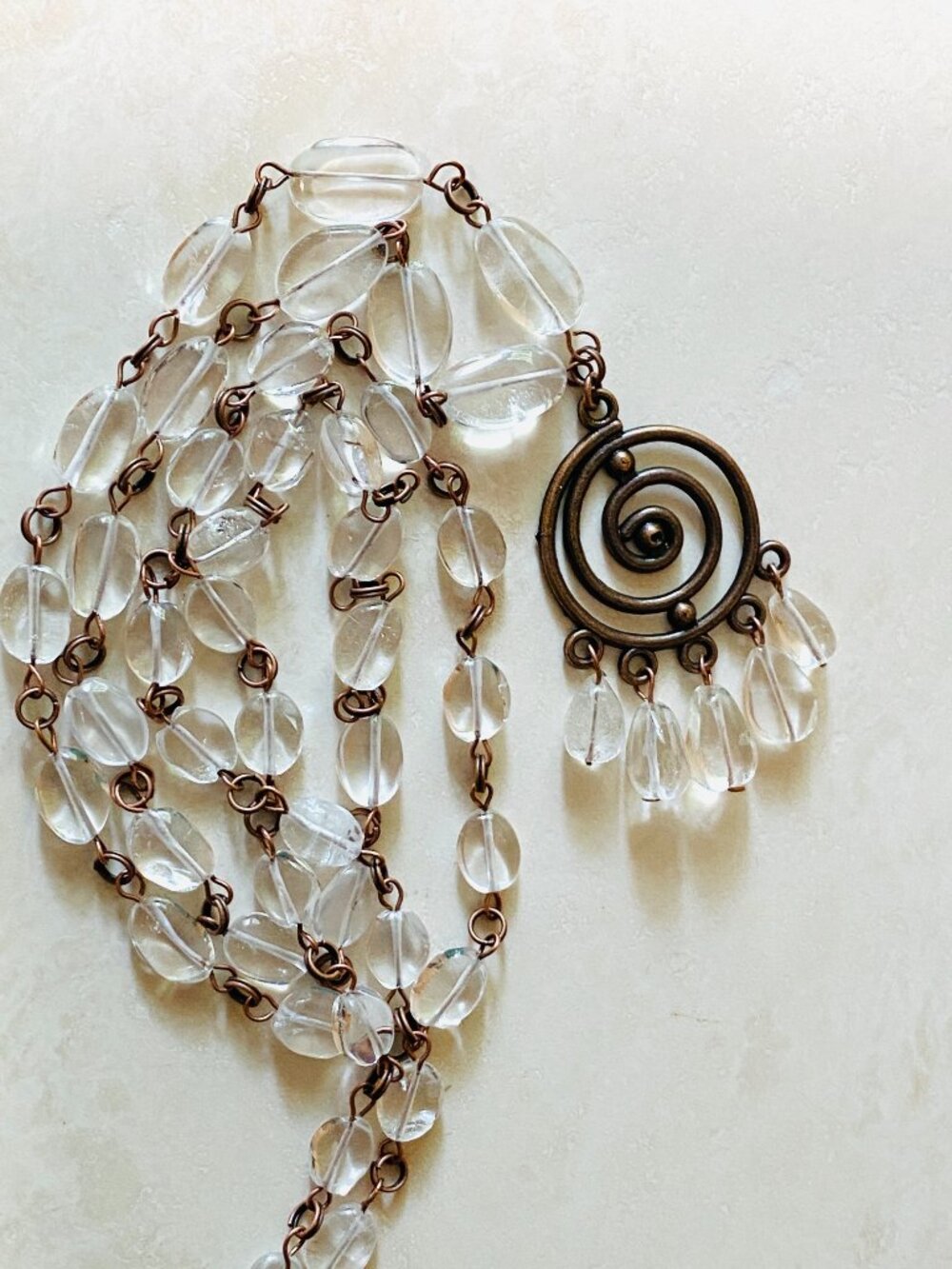 Master Healer Clear Quartz Long Necklace & Spiral Pendant, Gemstone & Copper